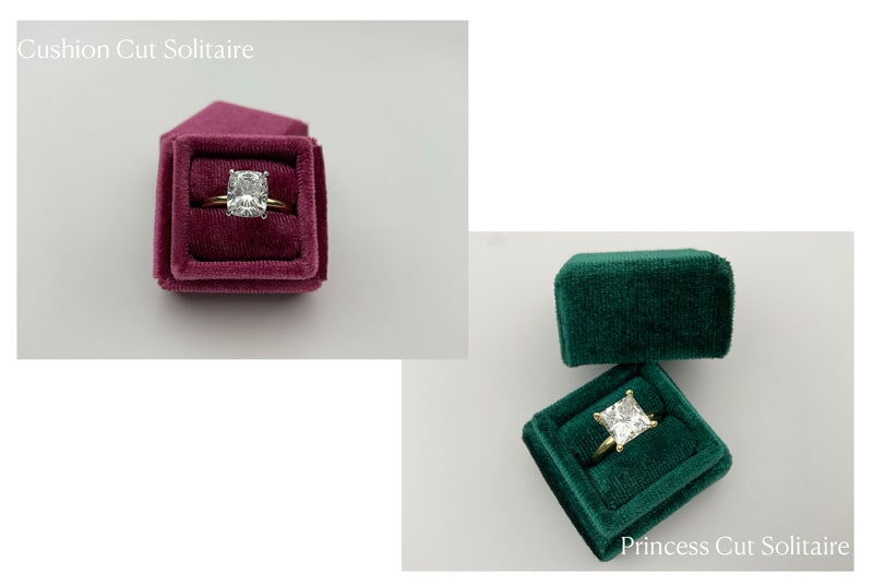 Cushion Cut Solitaire Ring in Pink Box and Princess Cut Solitaire Ring in Green Box