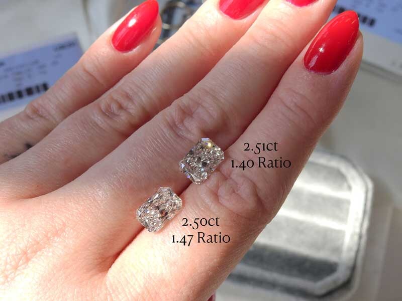 Radiant Cut Diamonds with Different Ratios on Hand